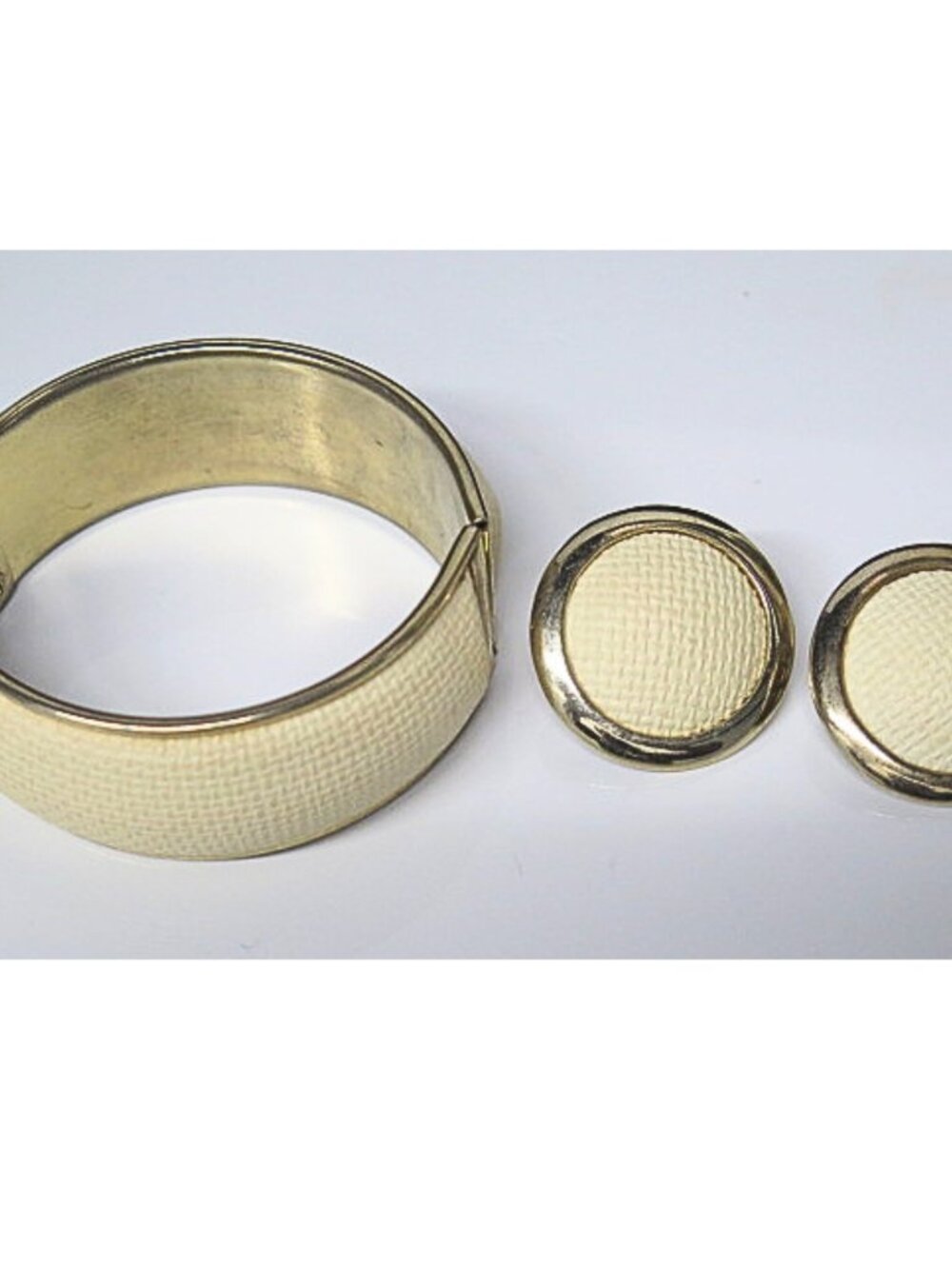 Vintage Cream Enamel Bracelet & Clip Earrings Gold Tone Set